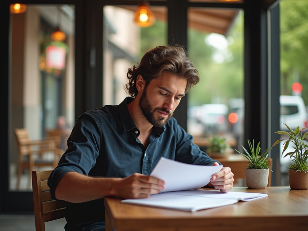 Man reading documents at a cafe table with plants and street view.