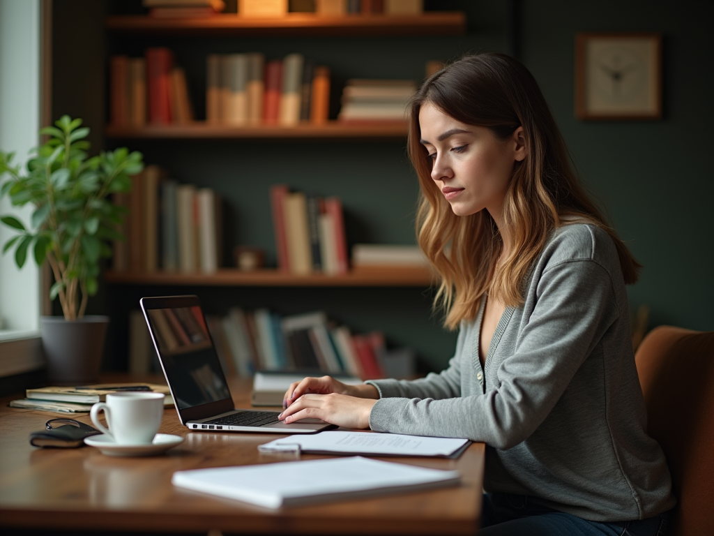 Woman focused on laptop at desk in home library with coffee and notepad.