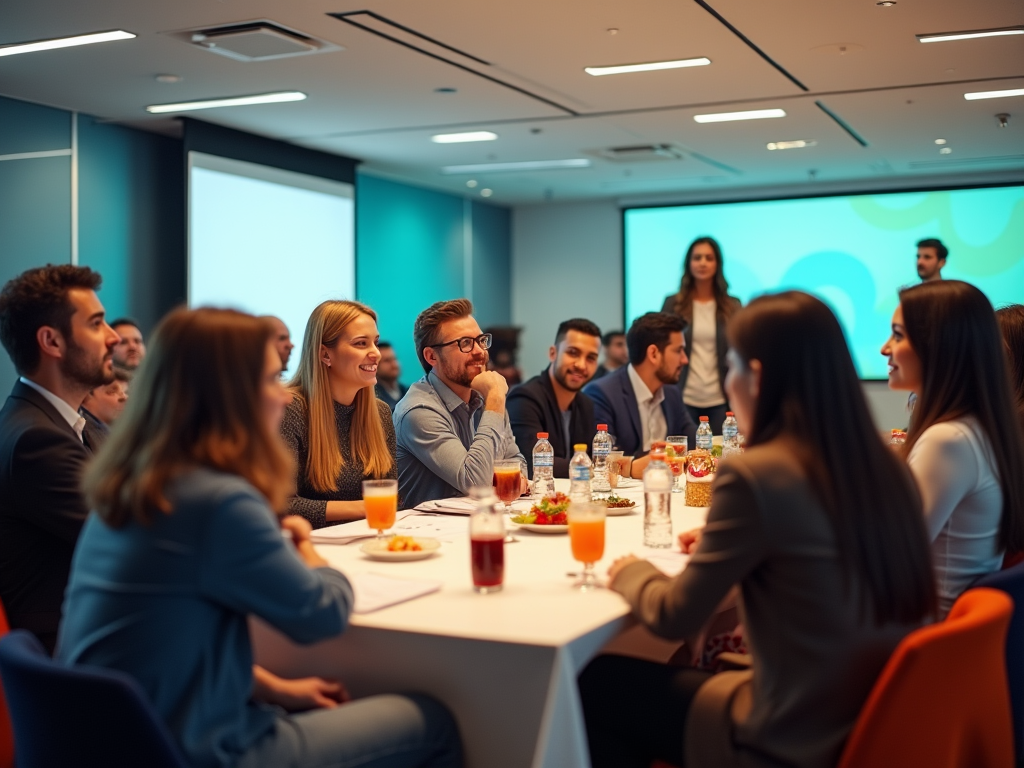 A group of professionals attentively listening to a presentation in a brightly lit conference room.