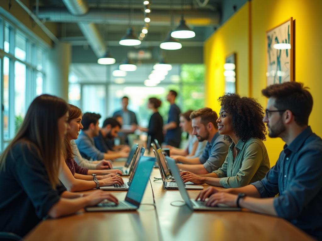 A diverse group of people working on laptops in a modern office with a bright, collaborative atmosphere.