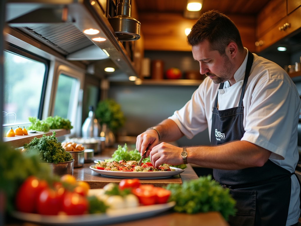 Chef in apron garnishing food at restaurant kitchen counter.