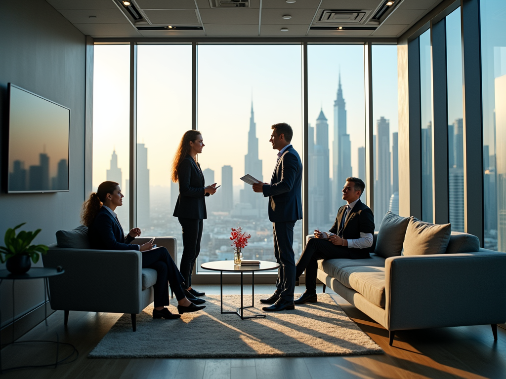 Four professionals engage in discussion in a modern office with a city skyline view during sunset.