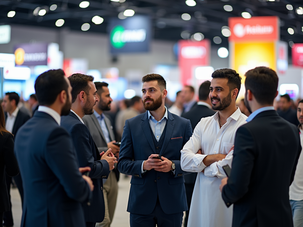 Group of businessmen engaging in a conversation at a busy convention center.