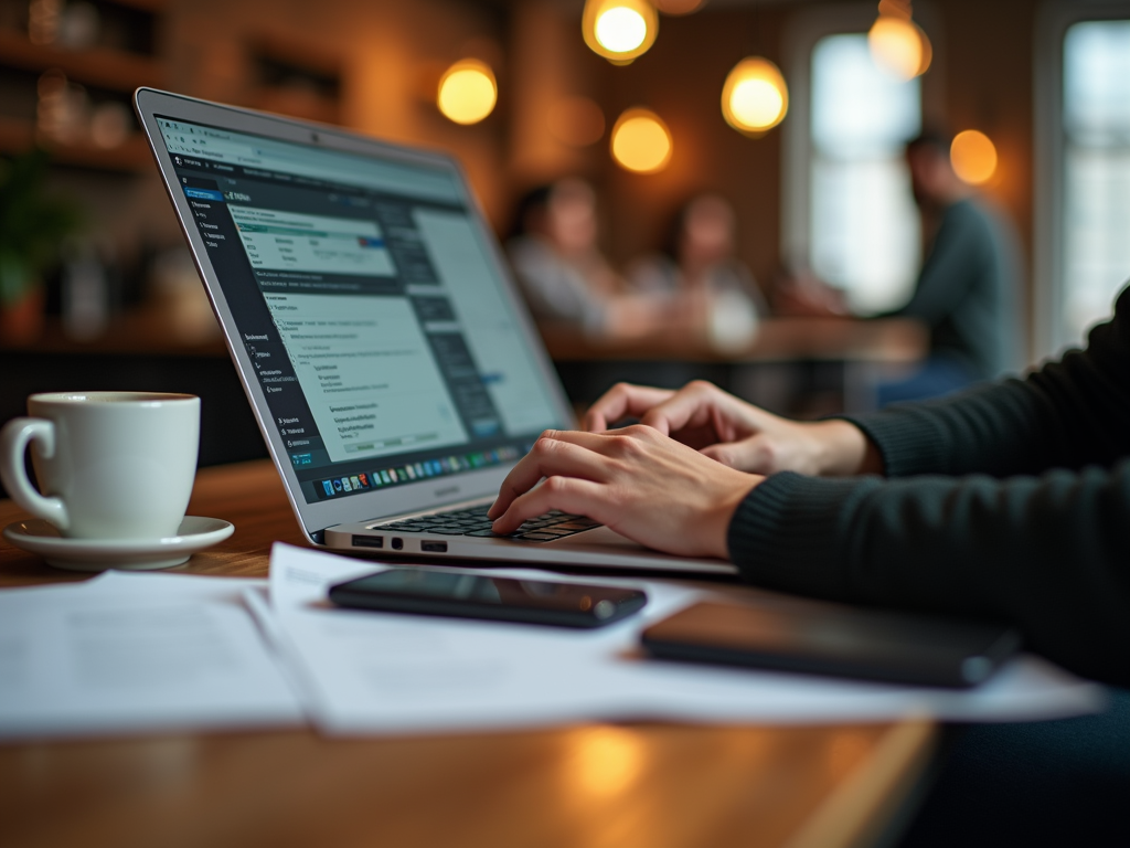 Close-up of hands typing on laptop with coffee cup and smartphone in a cafe setting.