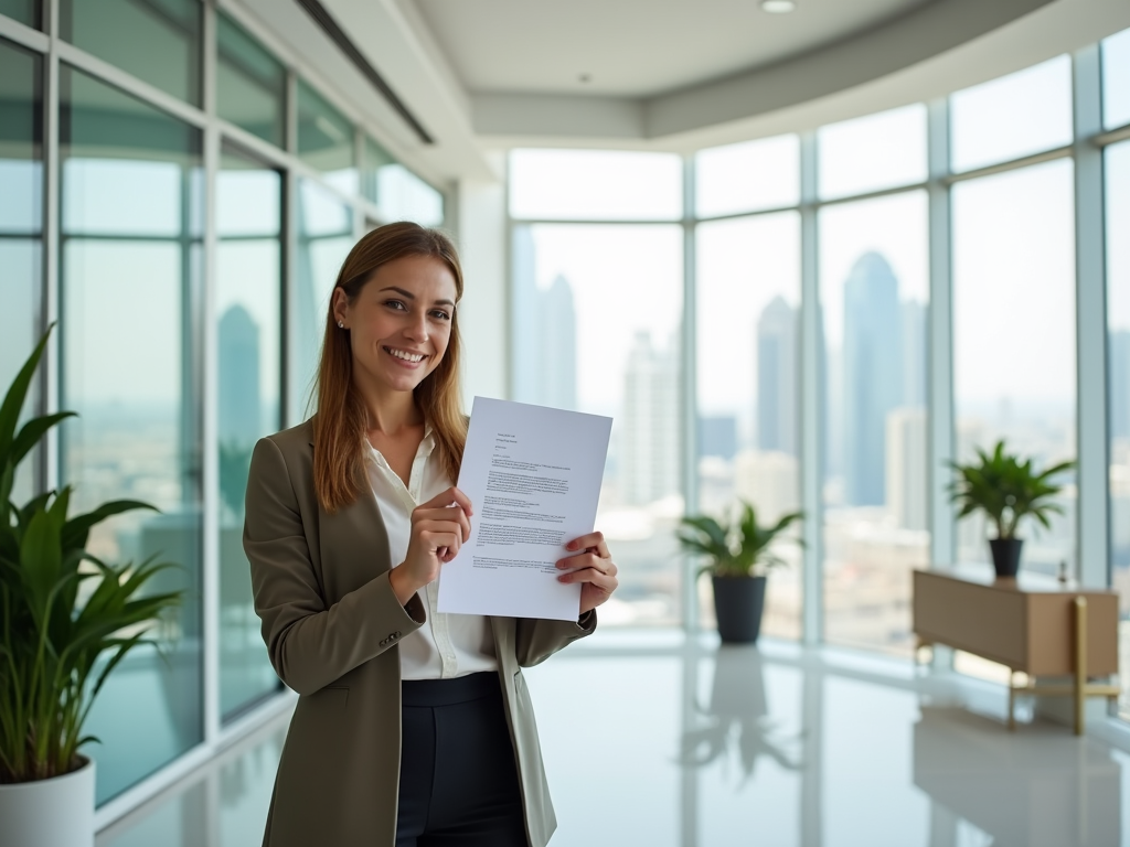 Businesswoman holding a document, smiling in a modern office with cityscape background.