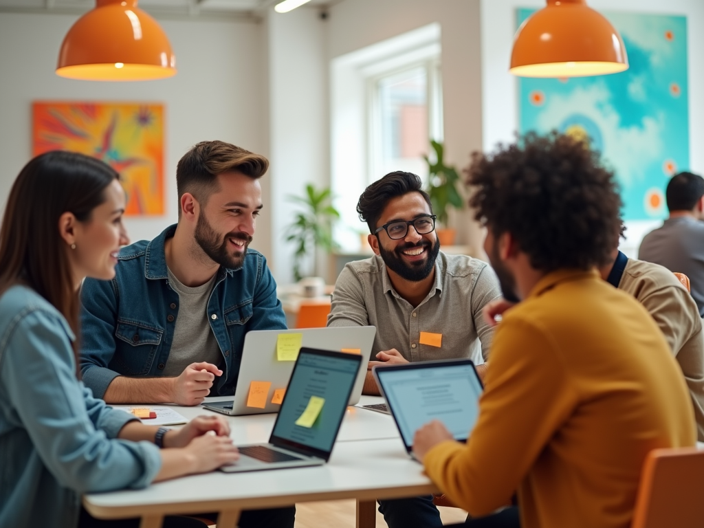 A diverse group of five people is engaged in a discussion around laptops in a bright, modern workspace.