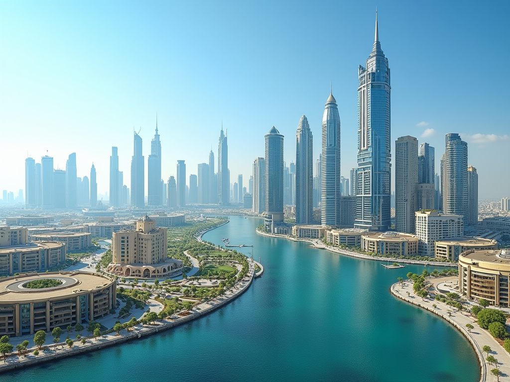 Aerial view of a sunlit Dubai skyline with modern skyscrapers and a winding blue river.