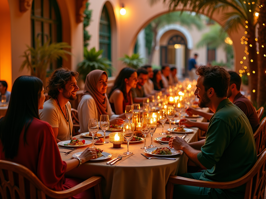 People enjoying a candlelit dinner at an outdoor table in a festive, warmly lit courtyard.