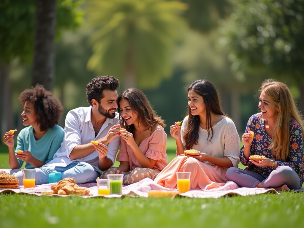 Group of friends enjoying a picnic with food and drinks in a sunny park.