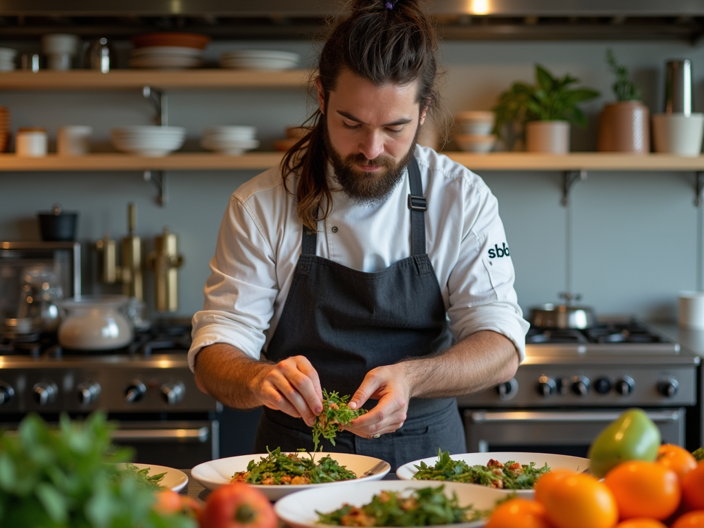 A chef in a kitchen arranges fresh herbs on plates of food, surrounded by fruits and kitchenware.