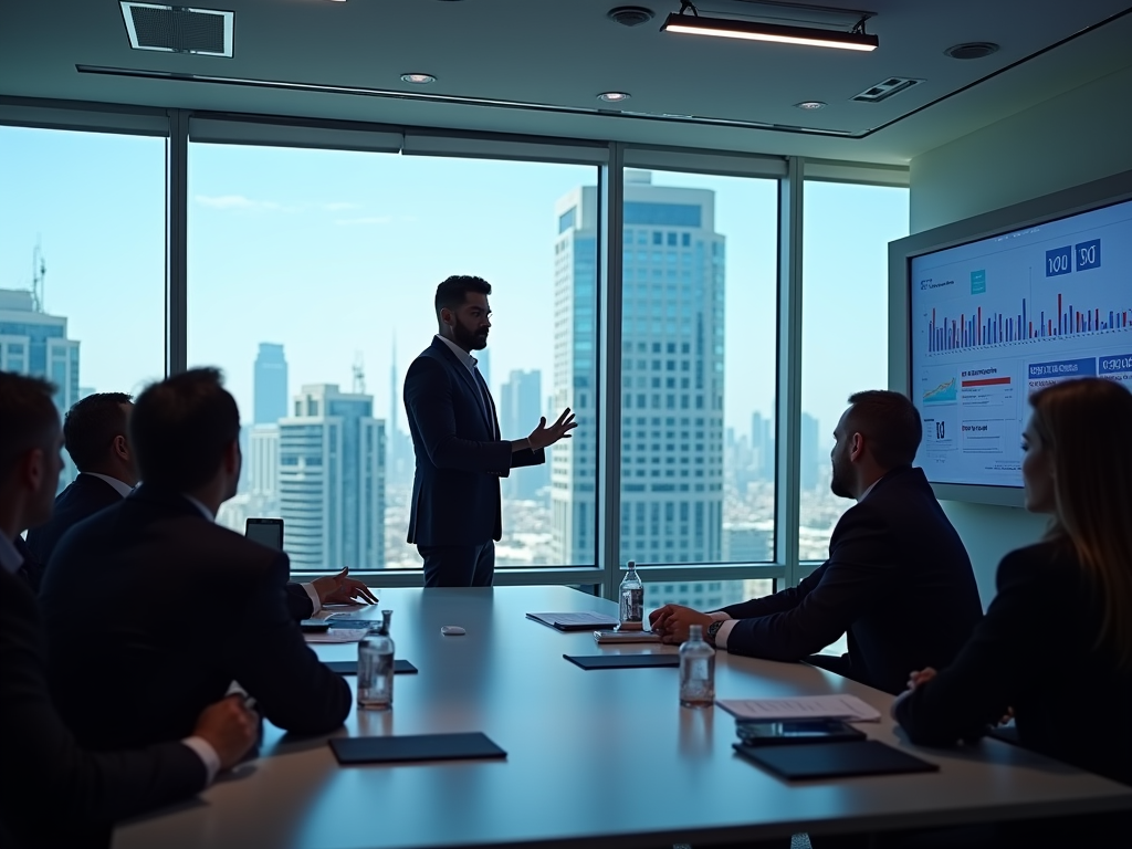 A man presenting to colleagues in a modern office with city view.