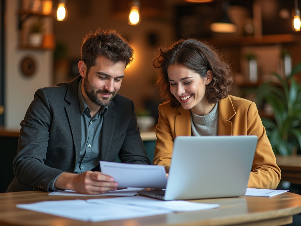 A man and a woman sit at a table, reviewing documents together, smiling, with a laptop open in front of them.