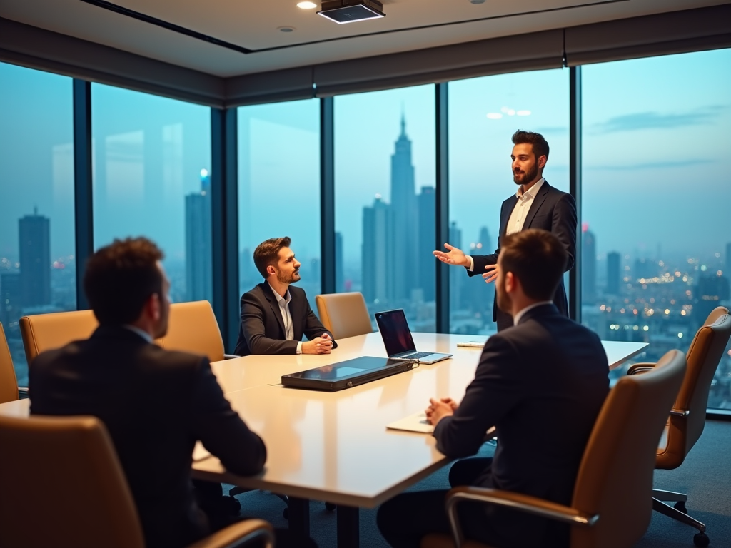 Businessman presenting to colleagues in a modern city-view office at dusk.