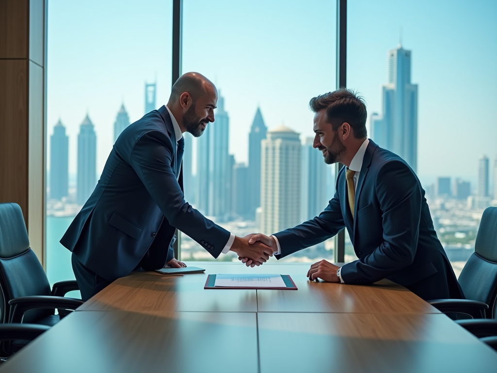 Two businessmen shaking hands at a conference table in a high-rise office, with a city skyline in the background.