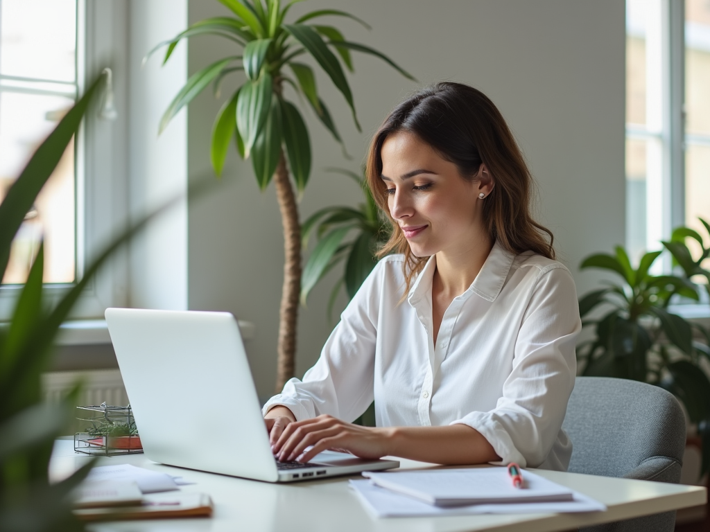 Woman in white shirt working on laptop at desk with potted plant in background.