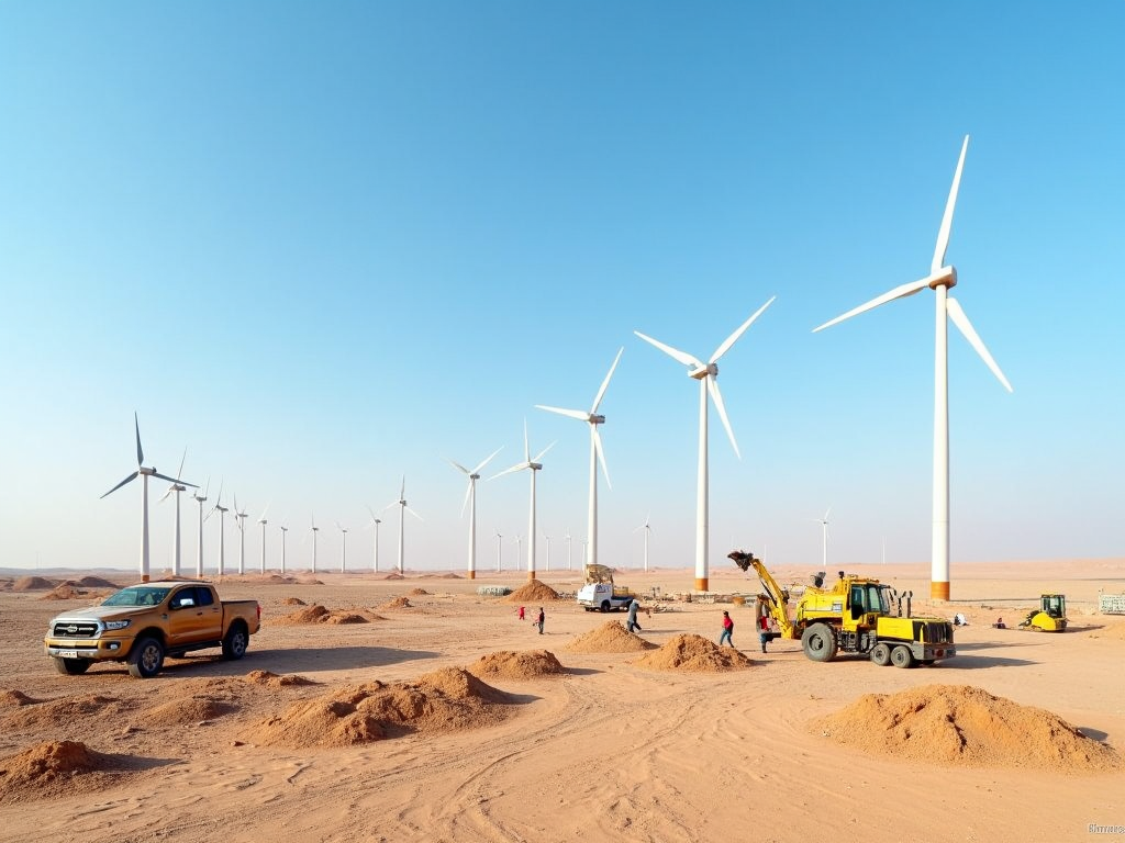 Desert wind farm with trucks and workers under a clear sky.