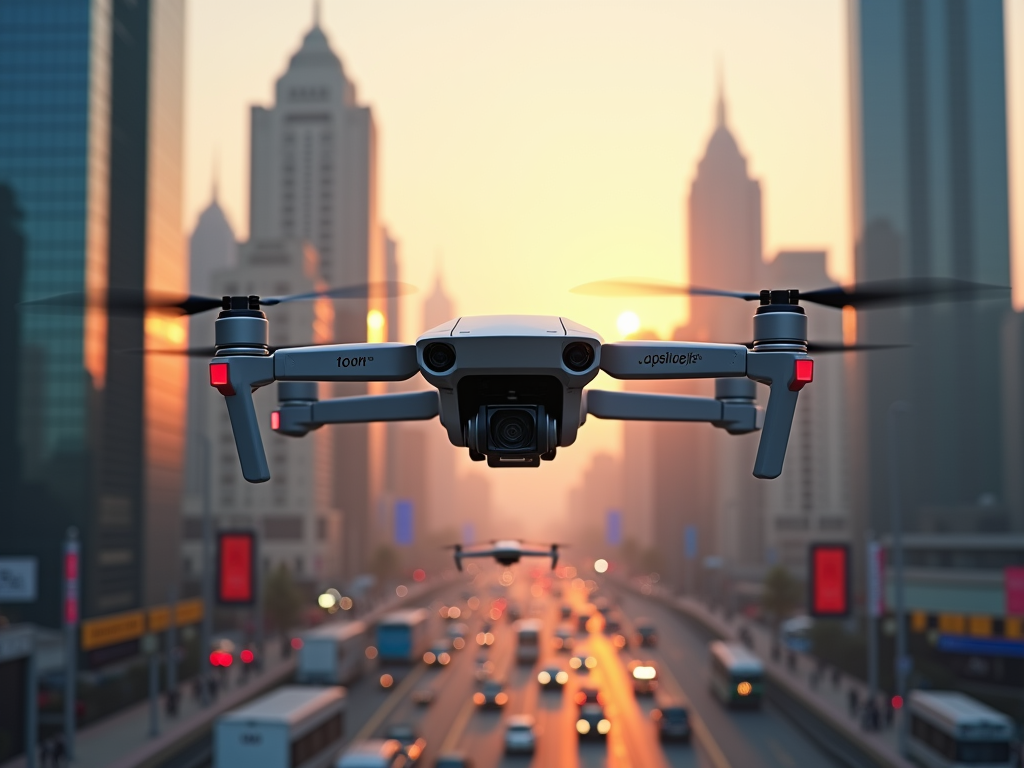 A drone hovers above a busy city roadway during sunset, with skyscrapers and traffic below.