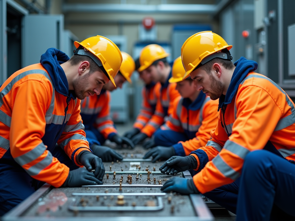 Four workers in orange hi-vis gear and helmets focus on adjusting components in a control panel.