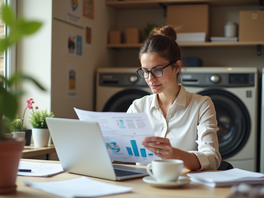 Woman analyzing financial documents at a kitchen table with laptop and coffee.