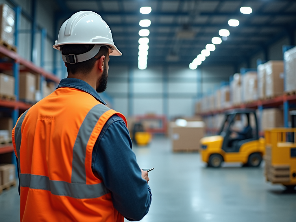 Worker in orange high-vis vest and white helmet supervises warehouse operations.