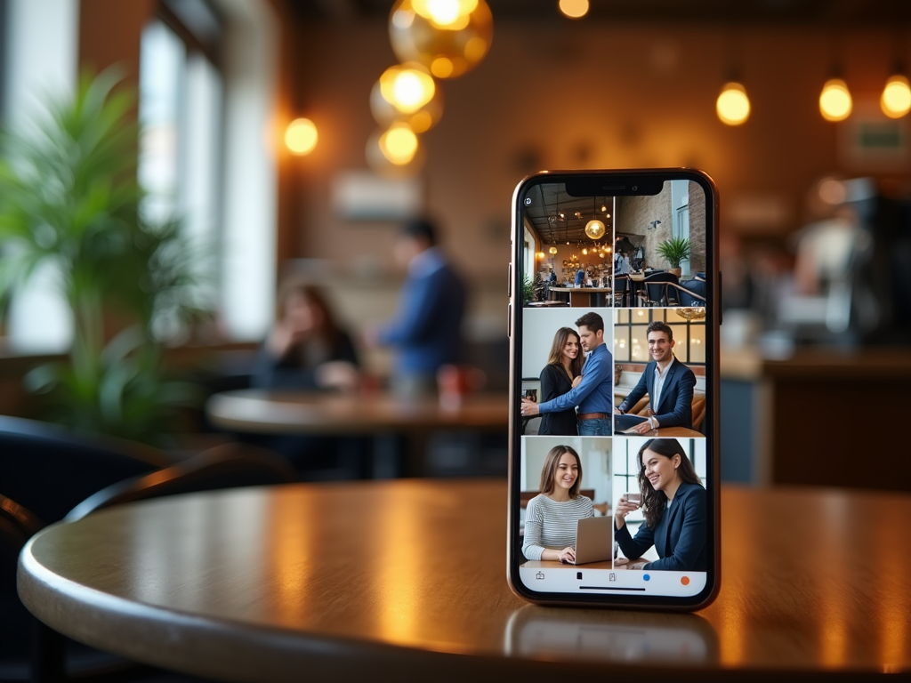 A smartphone on a table displays photos of people socializing in a cozy café setting.