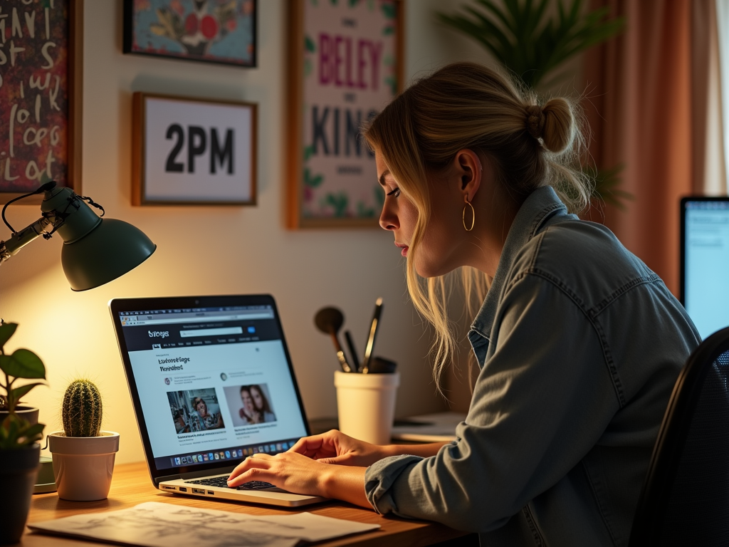 A woman in a denim jacket works on a laptop in a cozy workspace, focused on her screen. Various plants decorate the desk.