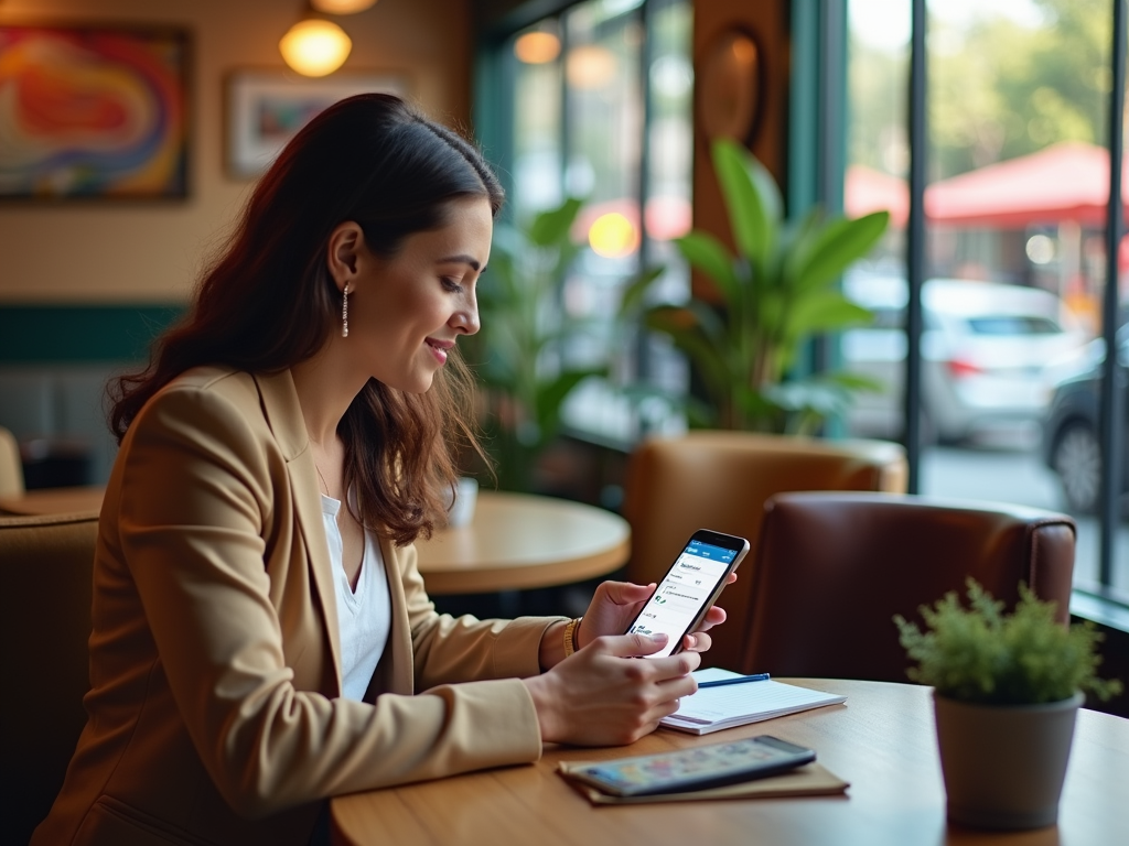 Woman in beige blazer using smartphone at cafe table.