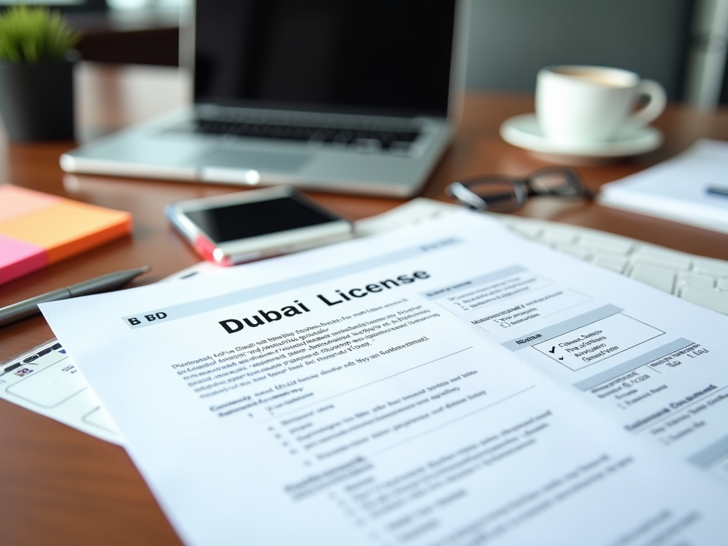 Dubai license document on a desk with a laptop, phone, and a cup of coffee in the background.