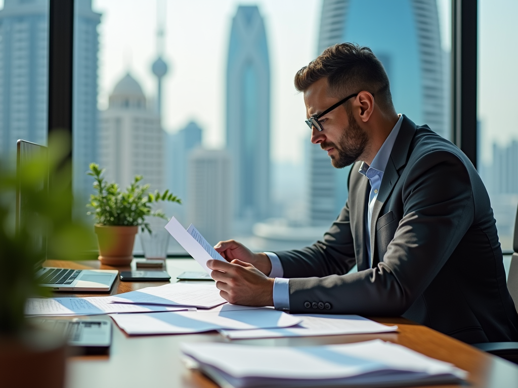 Businessman reviewing documents at desk with laptop, in modern office overlooking city skyline.