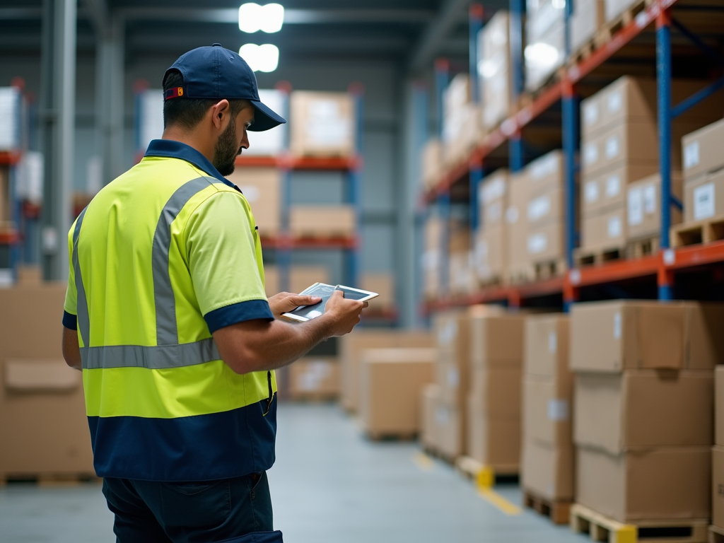 Warehouse worker in safety vest using tablet among aisles of boxes.