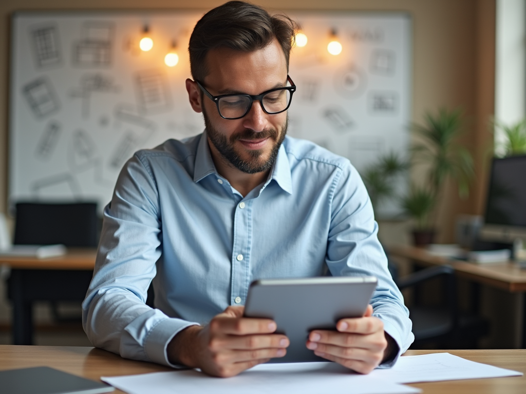 Focused man in glasses and blue shirt using tablet in office with design sketches on wall.