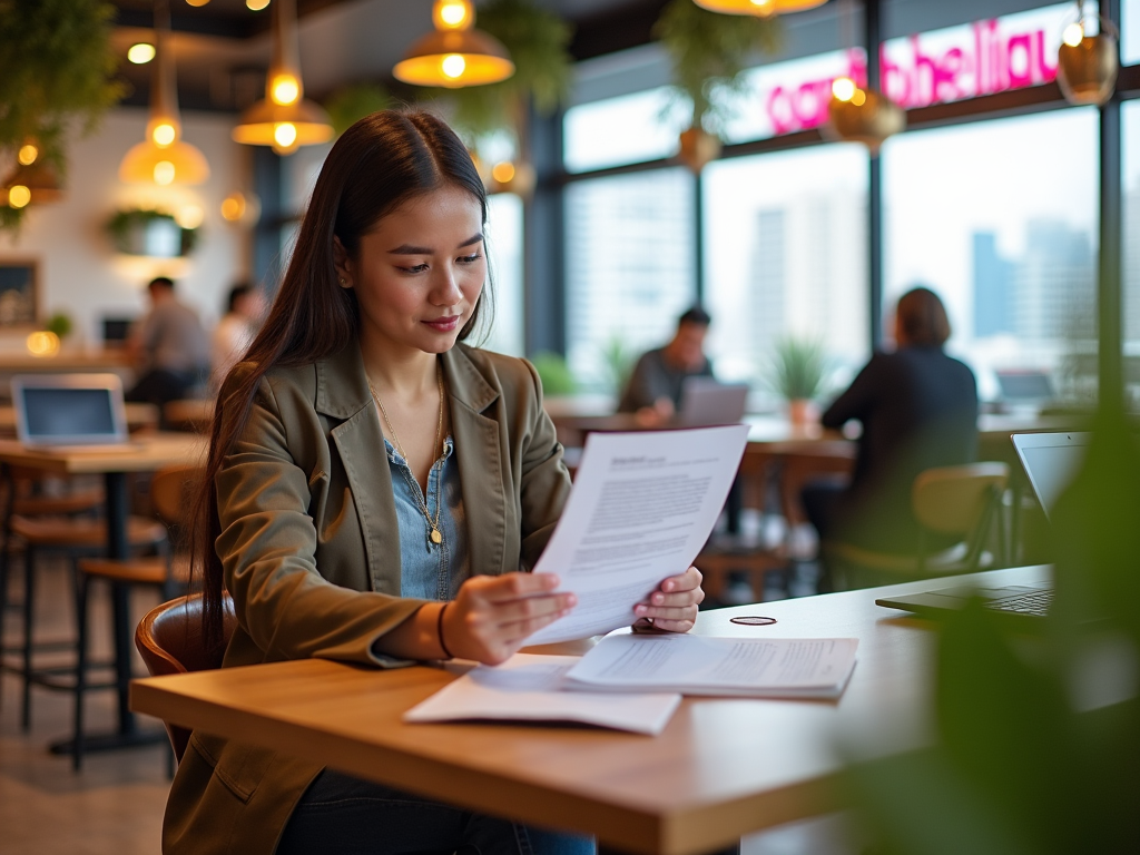 Woman reading documents at a cafe table, with modern urban interiors and people in background.