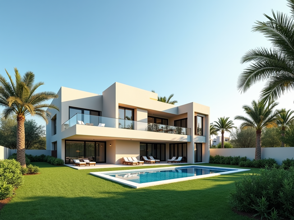 A modern two-story house with a swimming pool and palm trees in the garden, under a clear blue sky.