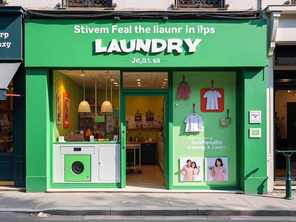 "Green storefront of a laundry with whimsical text and decorations, promoting eco-friendly services."