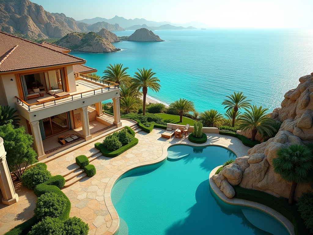 Luxurious cliffside villa with pool overlooking a serene blue sea, framed by palm trees and mountains.