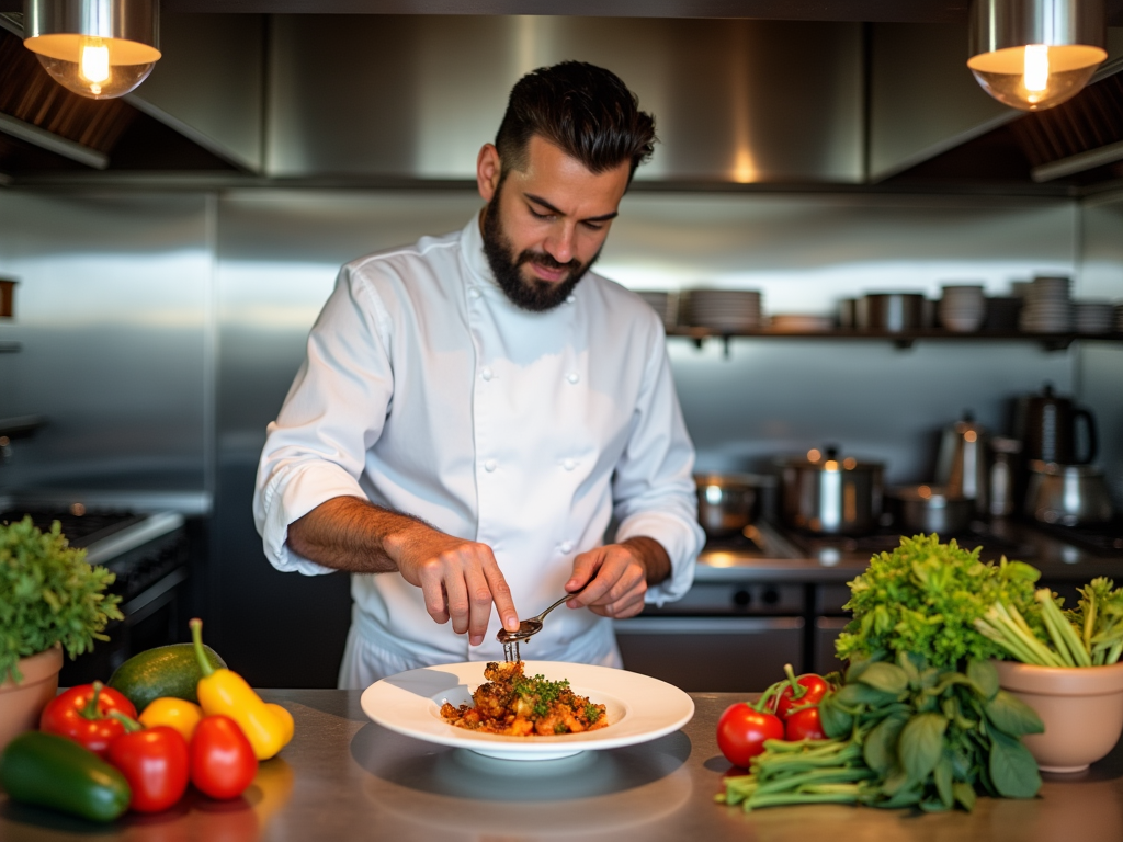 Chef in a professional kitchen garnishing a dish with fresh vegetables around.