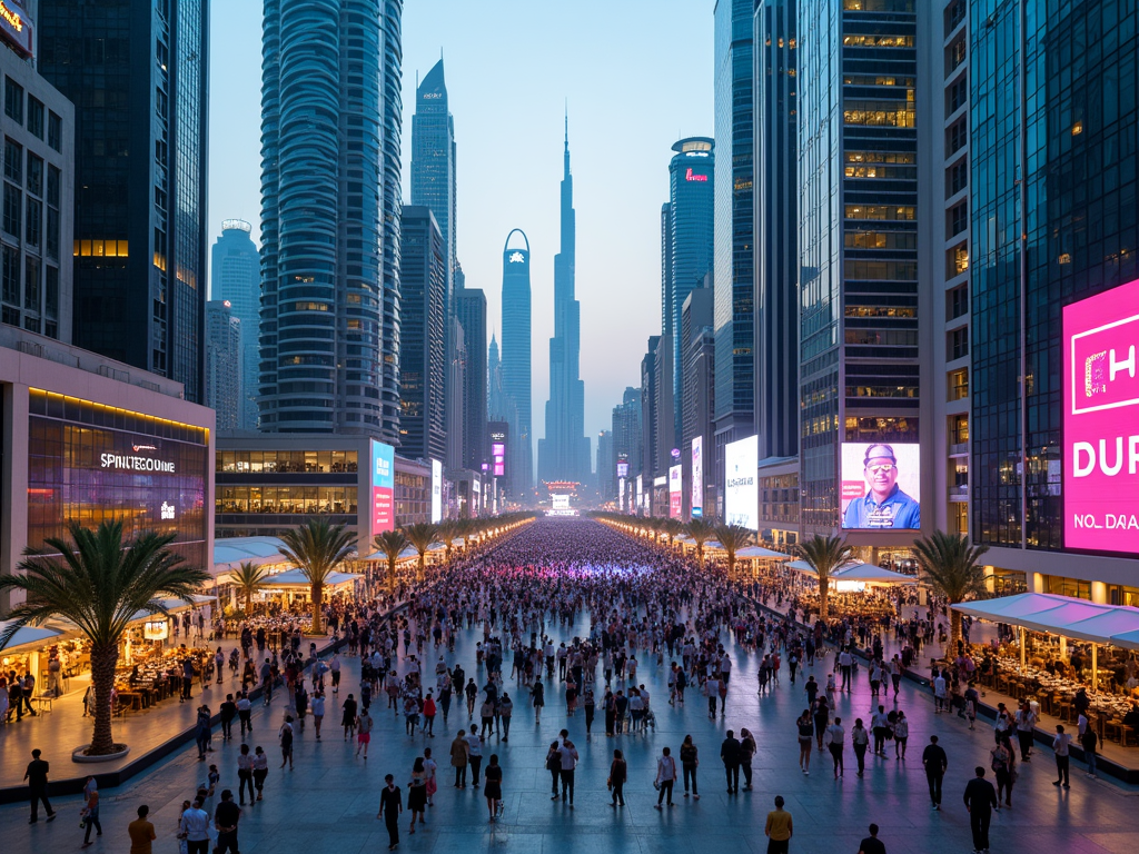 Dusk view of a bustling city avenue flanked by skyscrapers and large crowds, with glowing billboards and palm trees.