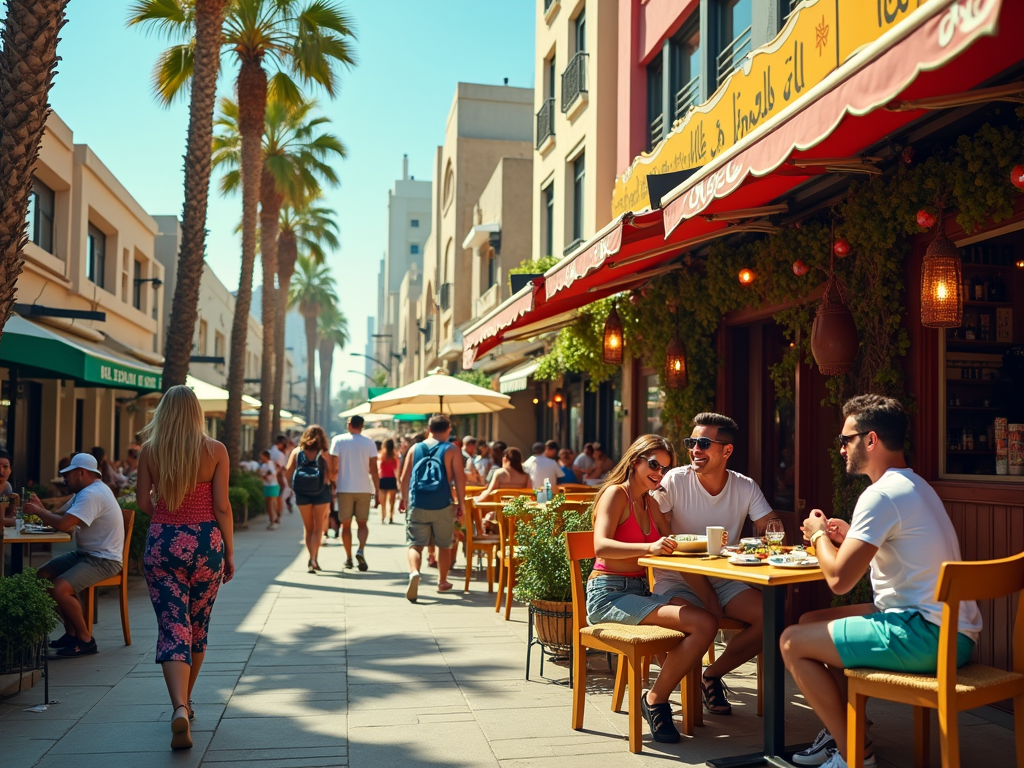 A lively outdoor dining scene with palm trees, people enjoying meals, and a couple laughing at a café table.