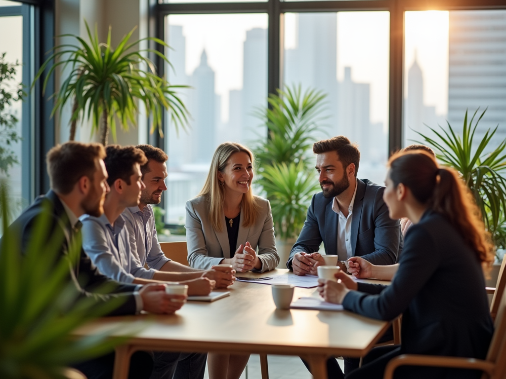 Group of professionals in a meeting at a sunlit office with a city view in the background.