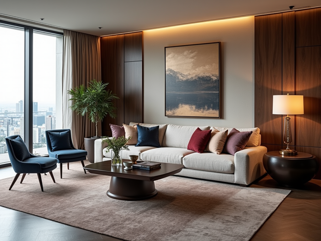 A stylish living room featuring a sofa, armchairs, a coffee table, and a view of the city through large windows.