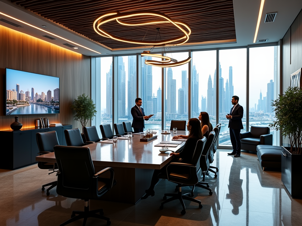 Modern office meeting room with a city skyline view, people in discussion around a table, and large screen displaying cityscape.