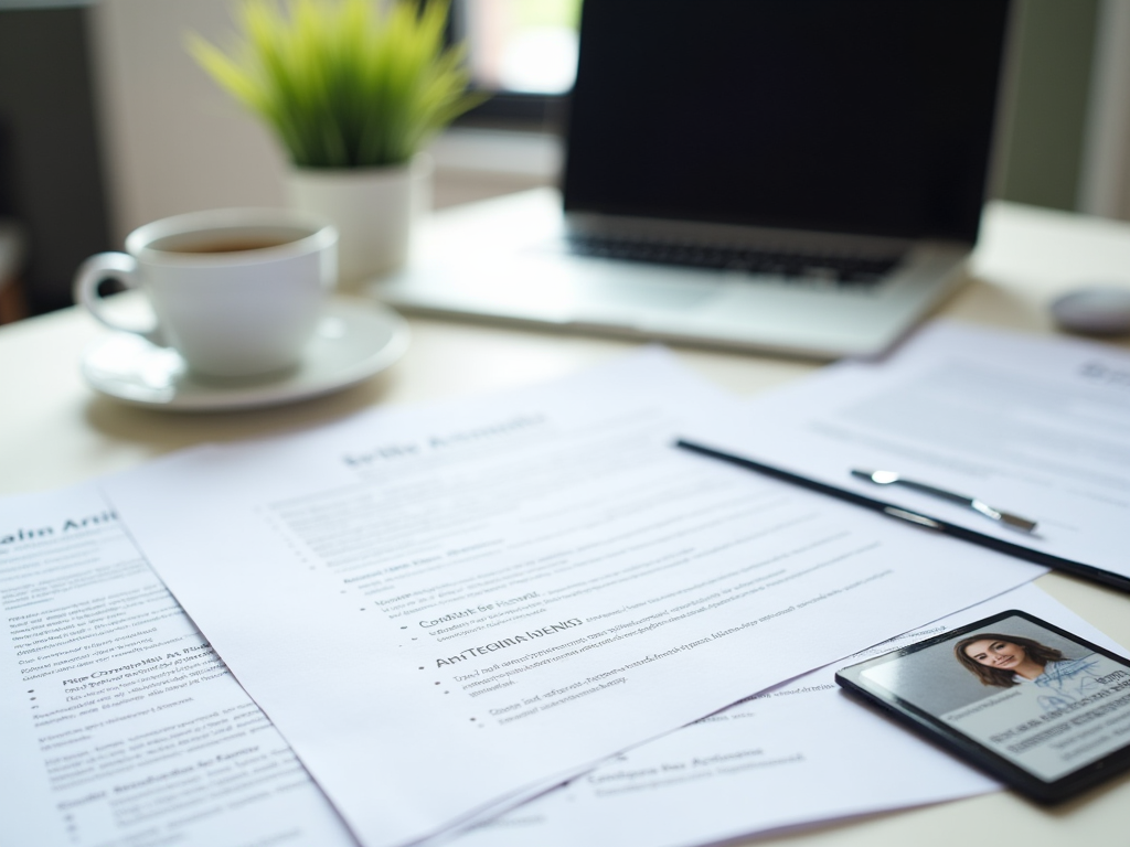 A blurred laptop background with a focus on a resume, cup of coffee, and cell phone on a desk.