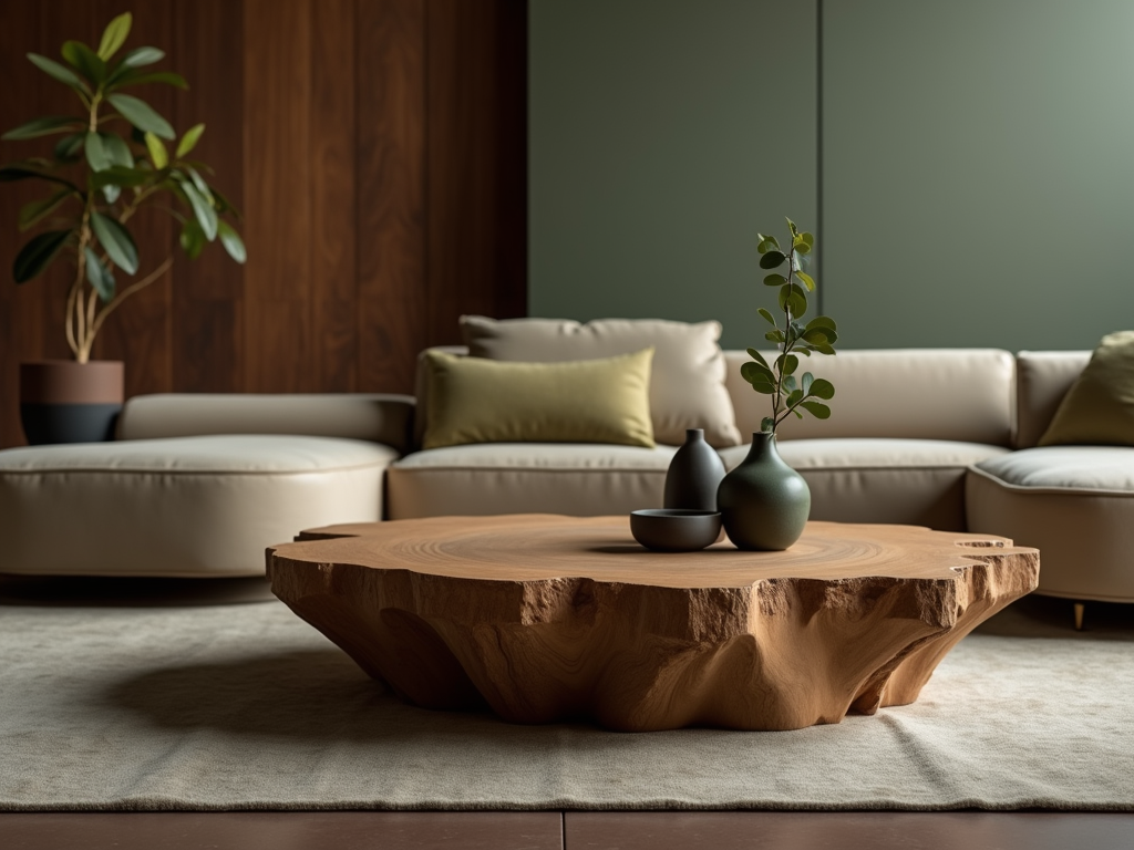 A wooden coffee table with two vases and a small bowl, set in a modern living room with a plant and sofa.