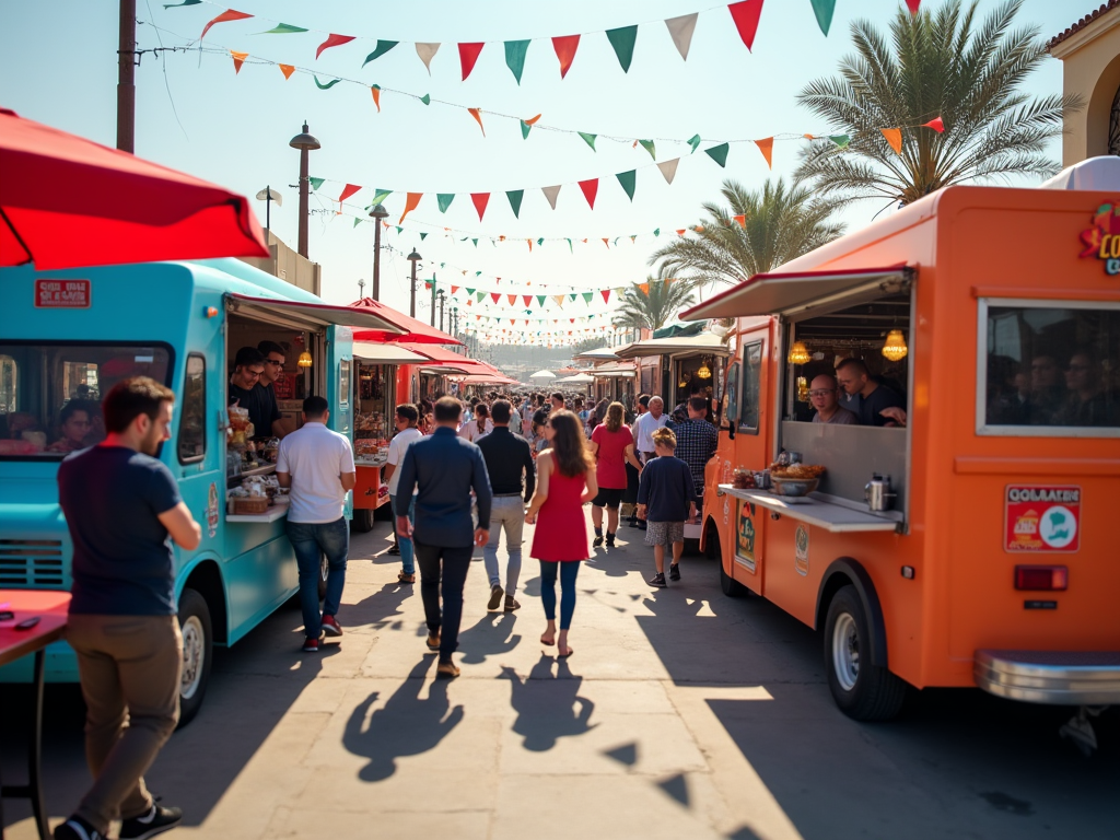 Vibrant food truck festival with people queuing and festive flags overhead.