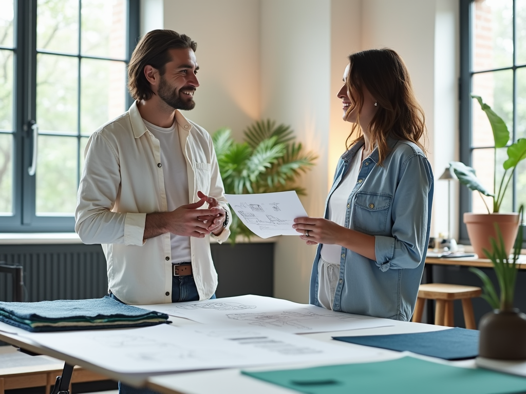 A man and woman discuss designs in a bright, modern workspace, surrounded by plants and sketches on a table.