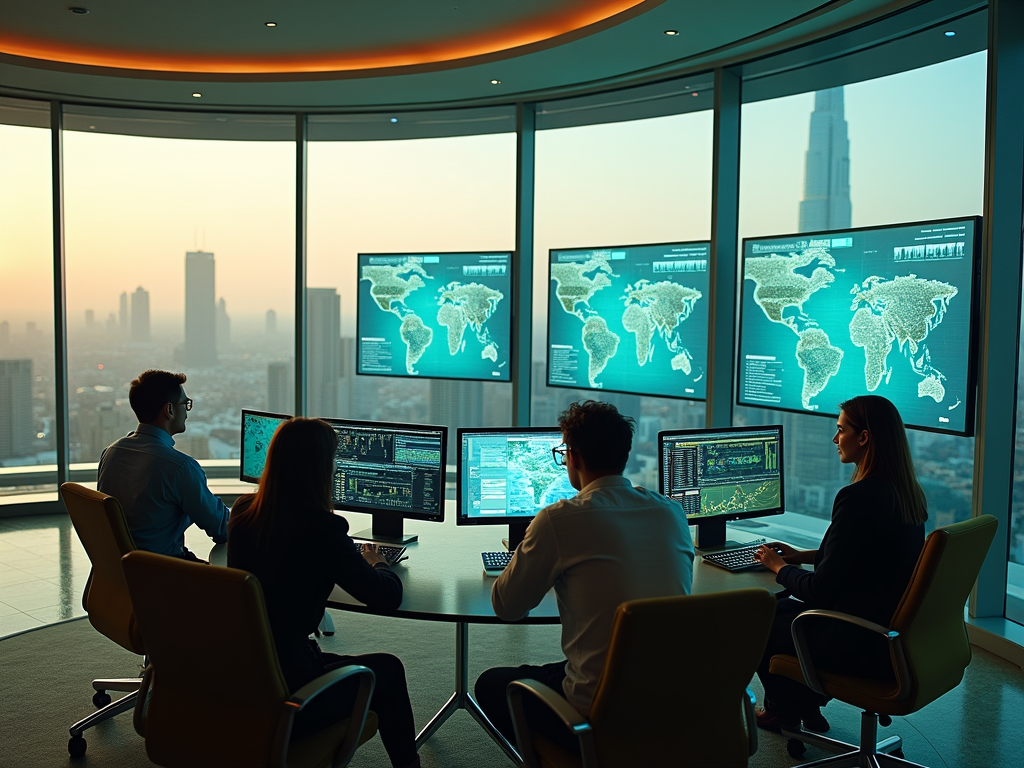 A team of four people analyzes data on multiple screens in a modern office with a city skyline view at sunset.