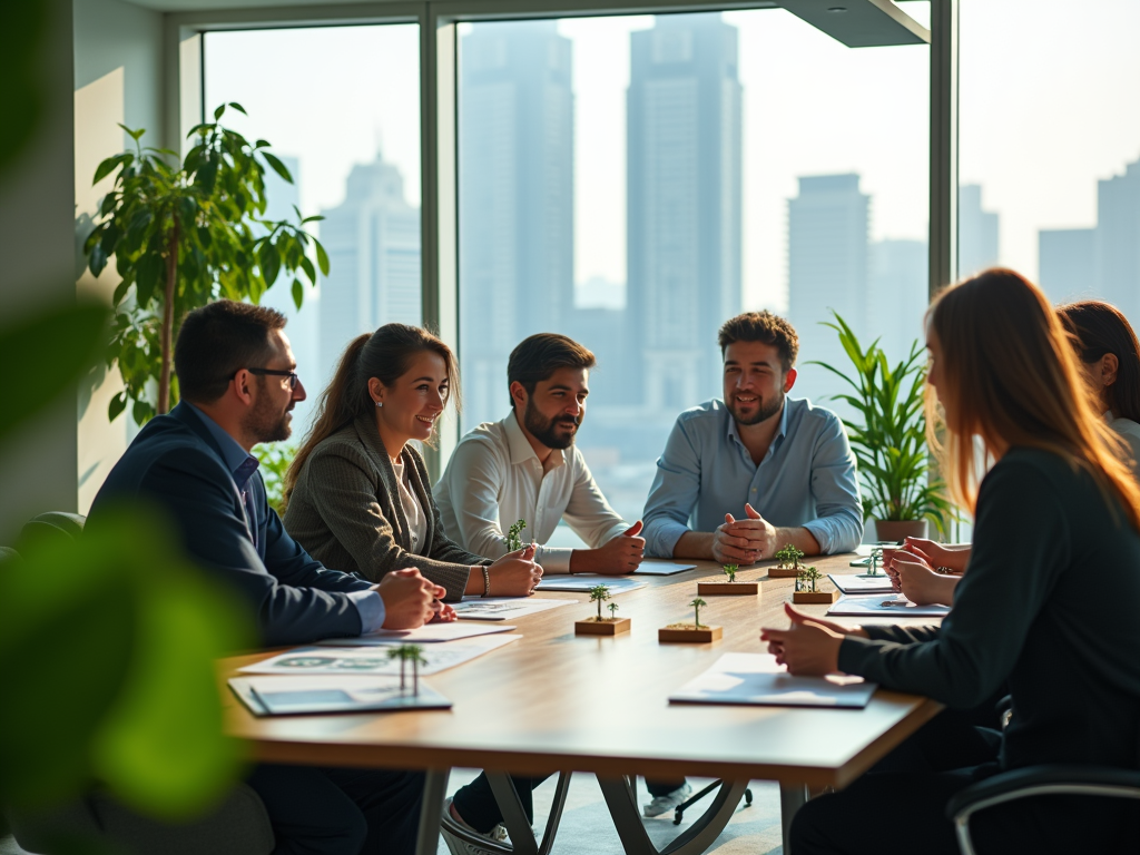 Group of professionals in a meeting, with cityscape background through large window.