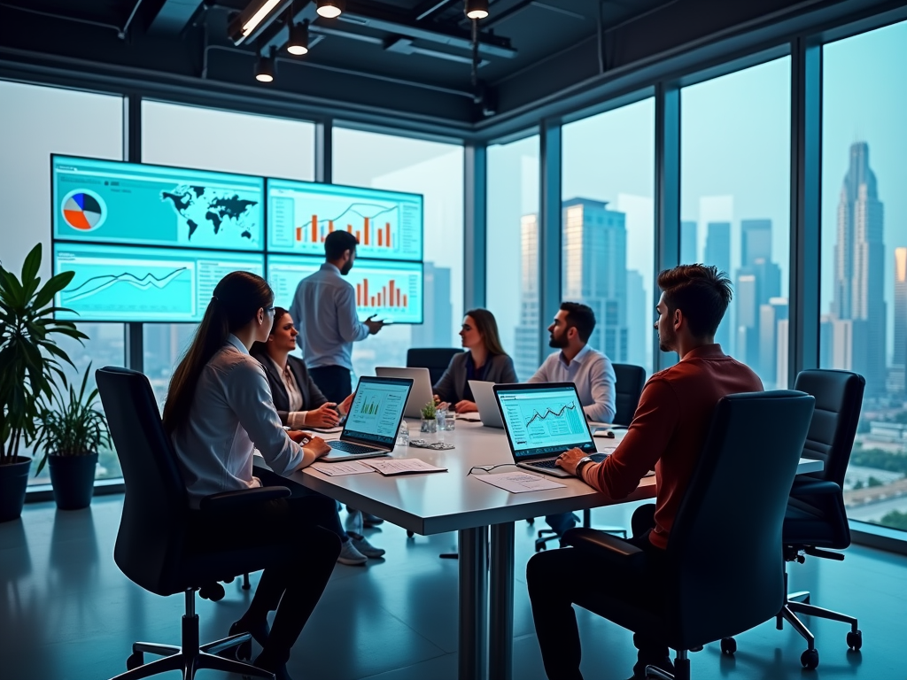 A diverse team in a modern office meeting presents data on large screens with a city skyline in the background.