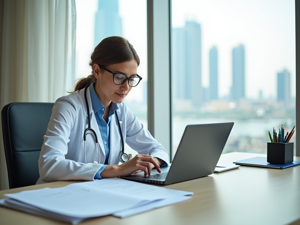 Female doctor in glasses working on laptop in office with cityscape view.