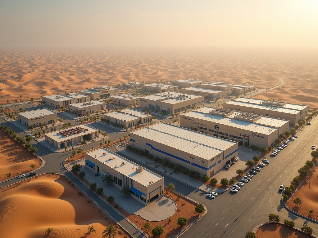 Aerial view of an industrial complex surrounded by desert dunes, featuring multiple buildings and parking areas.